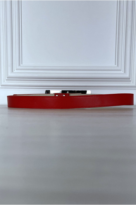 Dunne rode riem met lange rechthoekige gesp - 1