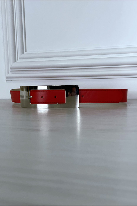 Dunne rode riem met lange rechthoekige gesp - 3