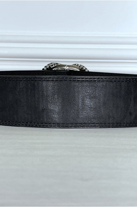 Ceinture noire large à boucle ronde à strass - 1