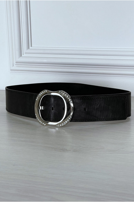 Ceinture noire large à boucle ronde à strass - 3