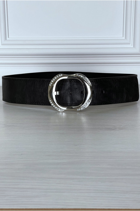 Ceinture noire large à boucle ronde à strass - 4