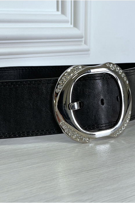 Ceinture noire large à boucle ronde à strass - 5
