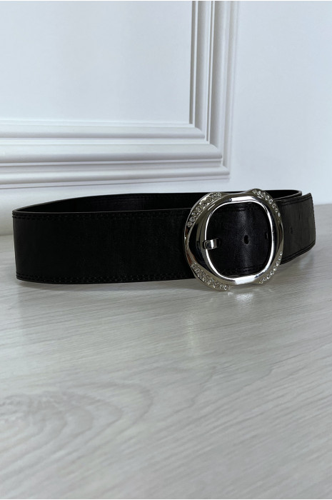Ceinture noire large à boucle ronde à strass - 6