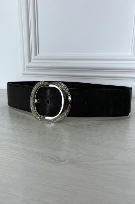 Ceinture noire large à boucle ronde à strass - 7