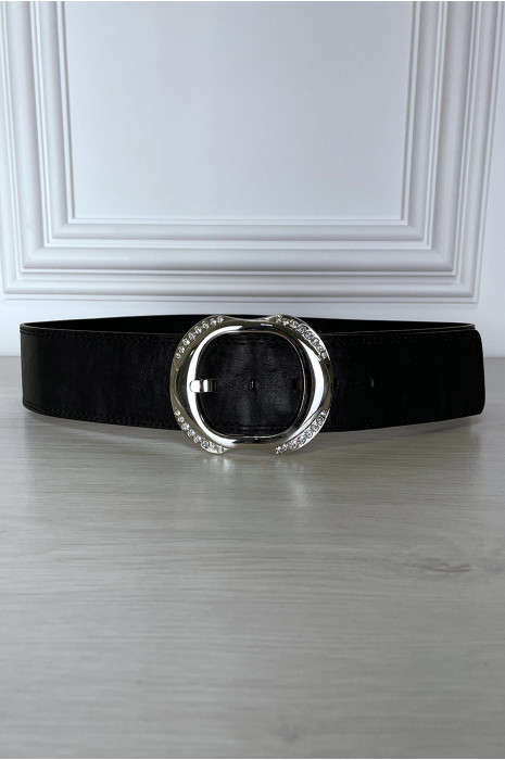 Ceinture noire large à boucle ronde à strass - 8
