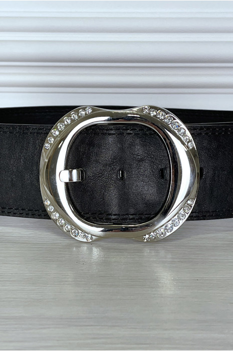 Ceinture noire large à boucle ronde à strass - 9