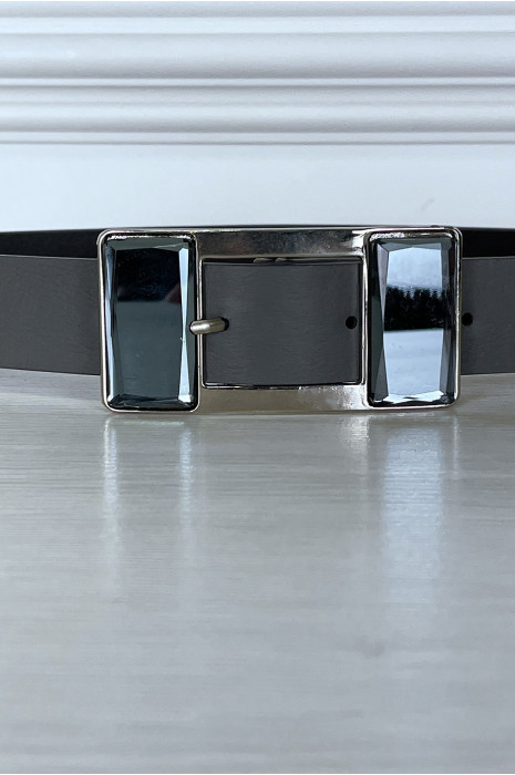 Grijze riem met rechthoekige gesp met grote glazen strass steentjes - 6