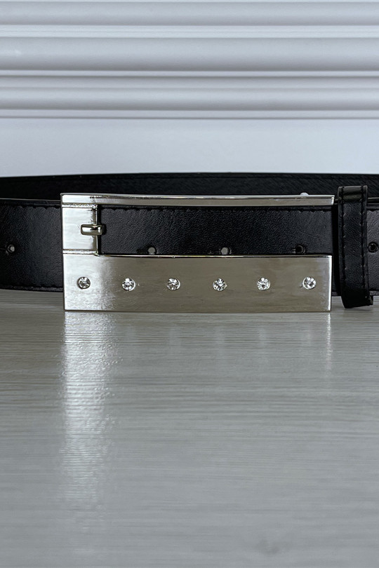 Thin black belt with rectangular rhinestone buckle - 4