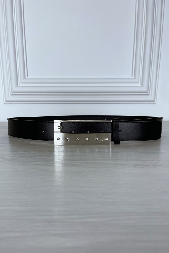 Thin black belt with rectangular rhinestone buckle - 5