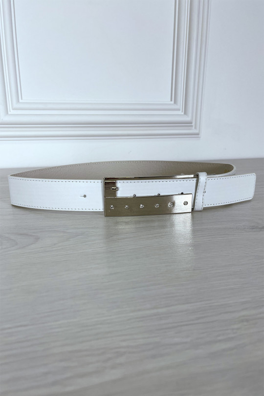 Thin white belt with rectangular rhinestone buckle - 2