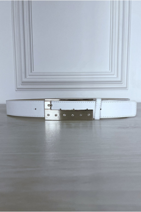 Thin white belt with rectangular rhinestone buckle - 5