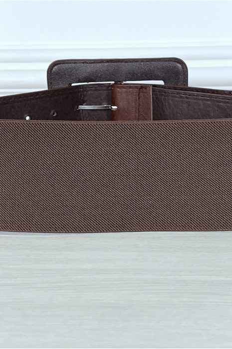 Large brown faux leather belt with elastic at the back - 1