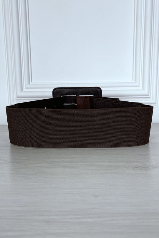 Large brown faux leather belt with elastic at the back - 2