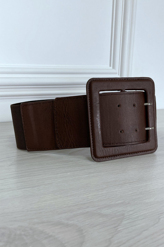 Large brown faux leather belt with elastic at the back - 3