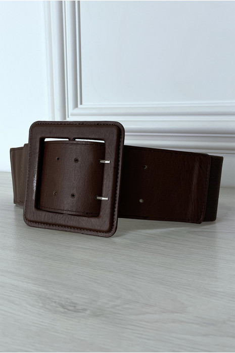 Large brown faux leather belt with elastic at the back - 4