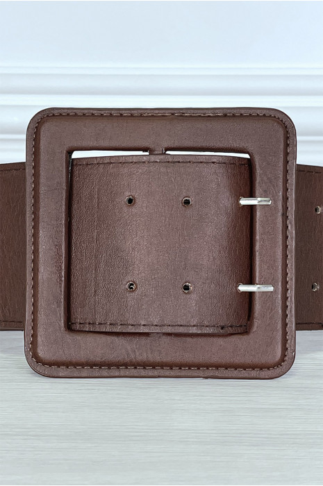 Large brown faux leather belt with elastic at the back - 5