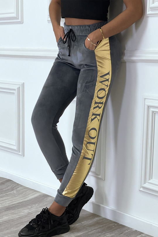 Gray peach skin jogging pants with gold band - 1