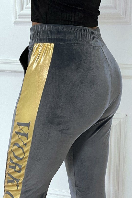 Gray peach skin jogging pants with gold band - 5