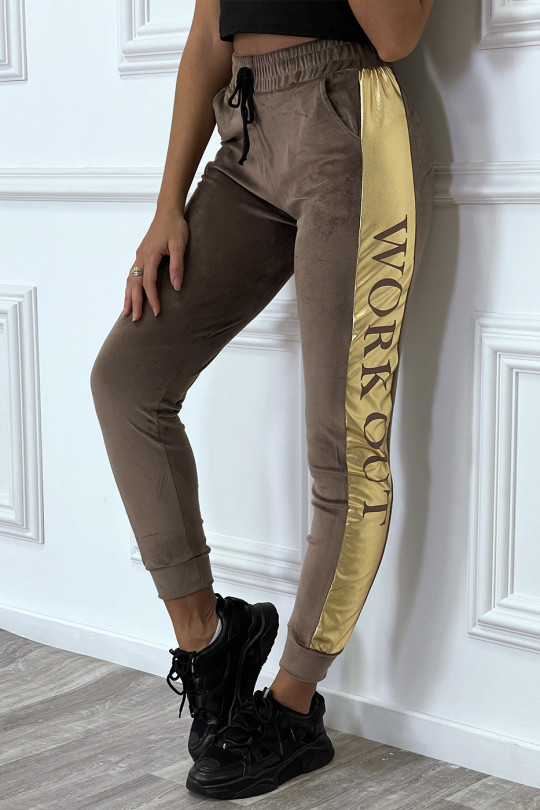 Taupe joggers in peach skin with gold band - 2