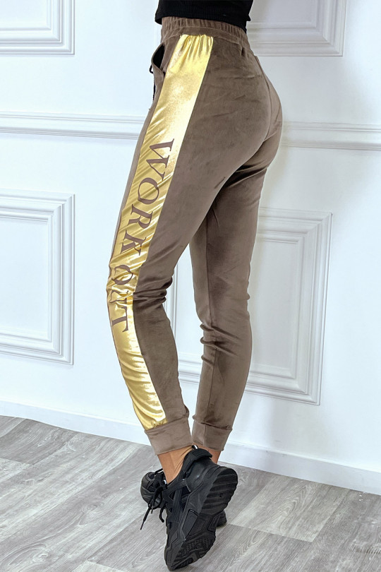 Taupe joggers in peach skin with gold band - 5