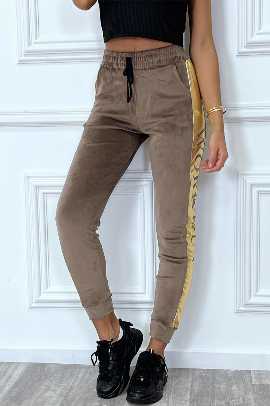 Taupe joggers in peach skin with gold band - 6