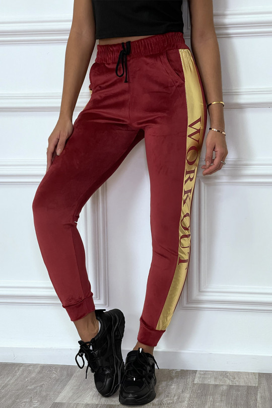 Burgundy peach-skin joggers with gold band - 1