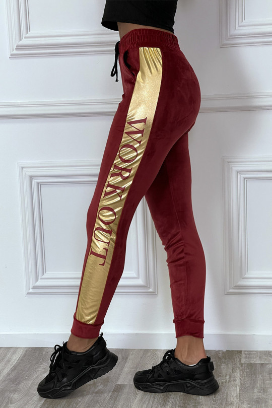 Burgundy peach-skin joggers with gold band - 2