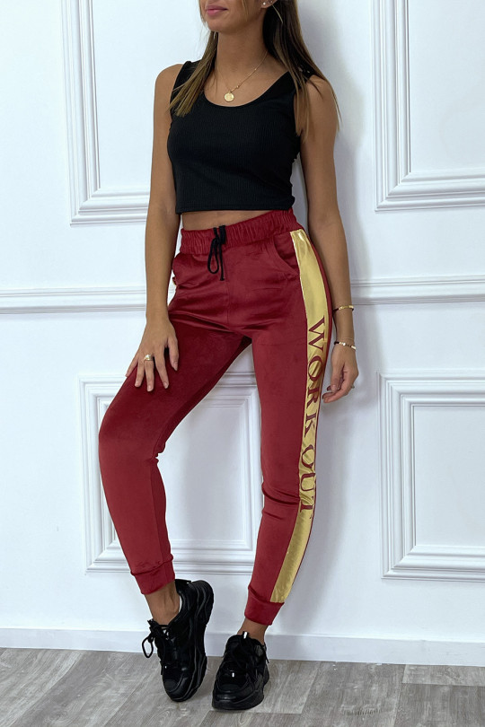 Burgundy peach-skin joggers with gold band - 4