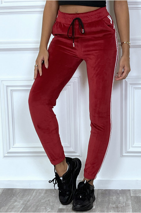 Jogging bordeaux en peau de pêche à bandes blanches - 1