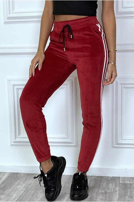 Jogging bordeaux en peau de pêche à bandes blanches - 2