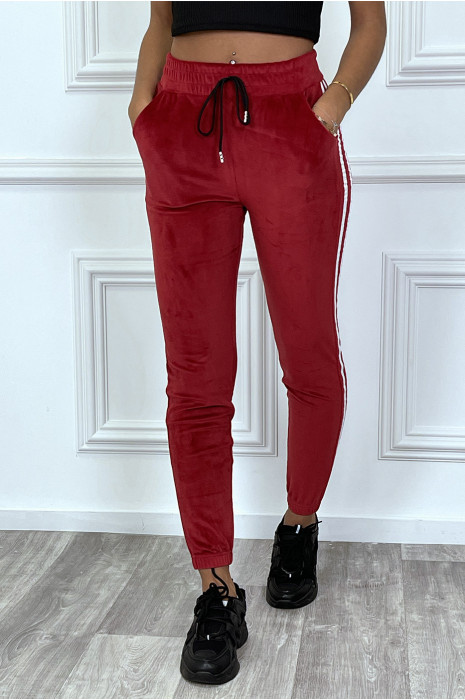 Jogging bordeaux en peau de pêche à bandes blanches - 3