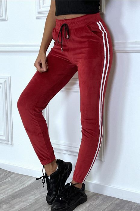 Jogging bordeaux en peau de pêche à bandes blanches - 6