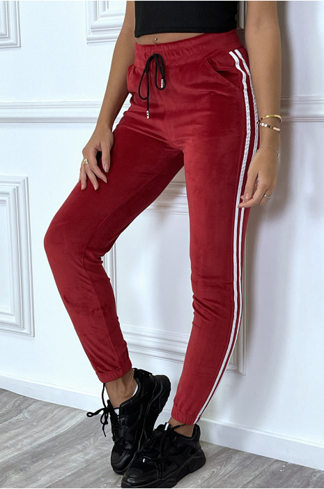 Jogging bordeaux en peau de pêche à bandes blanches - 7