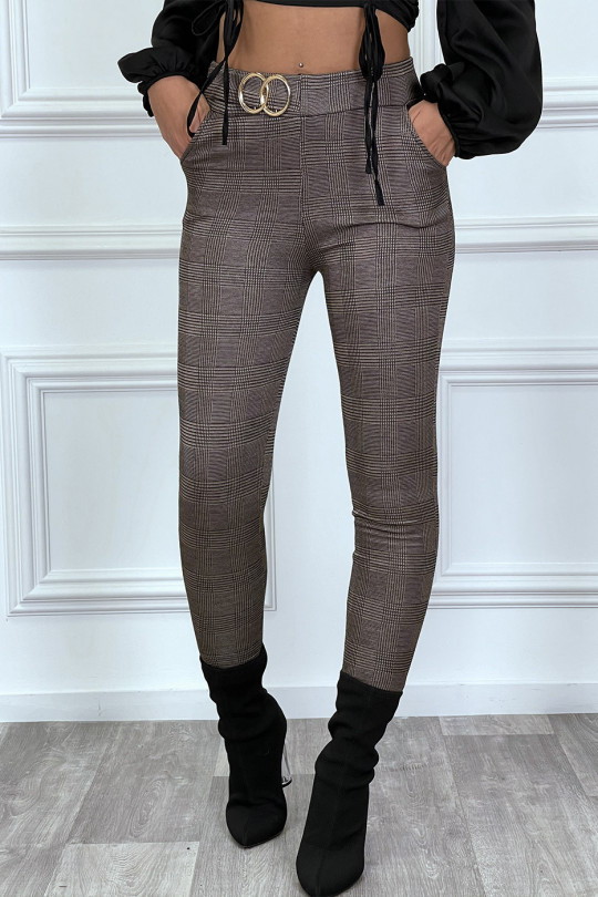 Taupe cigarette pants with houndstooth pattern and double buckle checks - 1