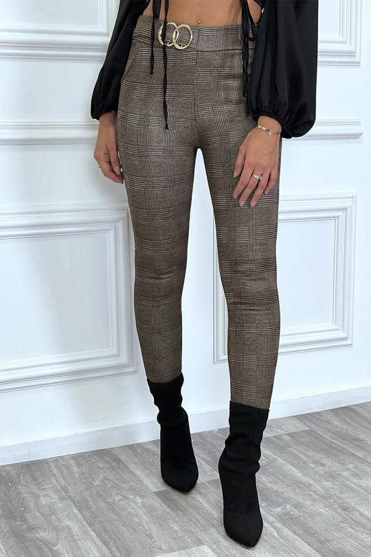 Taupe cigarette pants with houndstooth pattern and double buckle checks - 3
