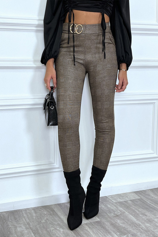 Taupe cigarette pants with houndstooth pattern and double buckle checks - 4