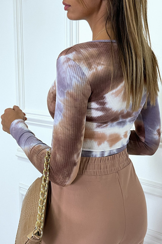 Tie & Dye Chocolate Ribbed Crop Top with Snap Collar - 4