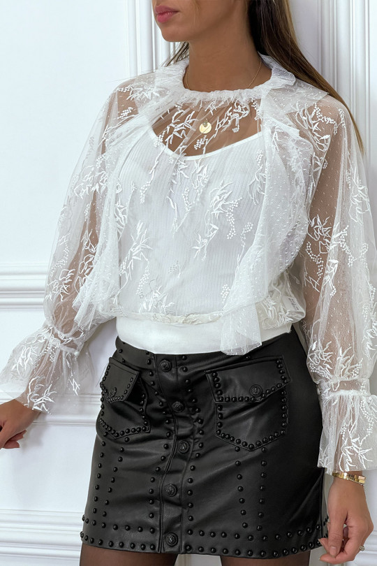 White blouse in tulle and lace with ruffle strawberry collar - 1