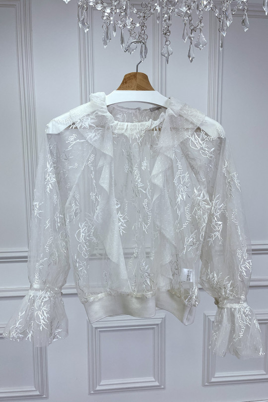 White blouse in tulle and lace with ruffle strawberry collar - 10