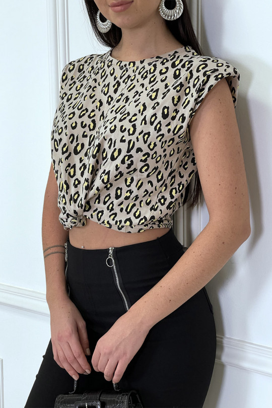 Taupe top with leopard print shoulder pads - 1
