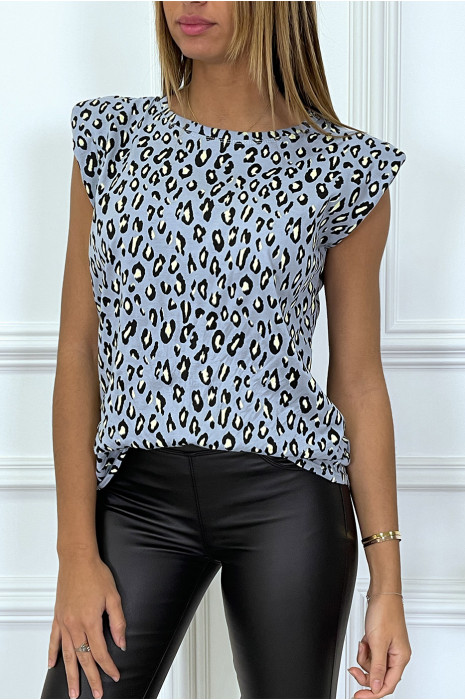 Blauwe top met schoudervullingen in luipaardprint - 4