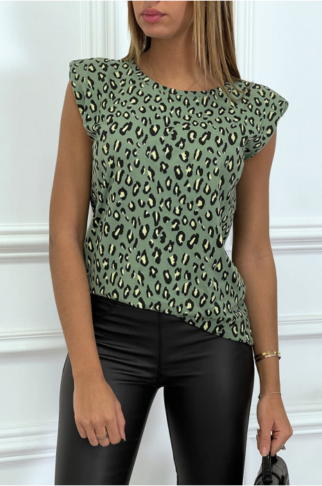 Top kaki à épaulettes motif léopard - 6