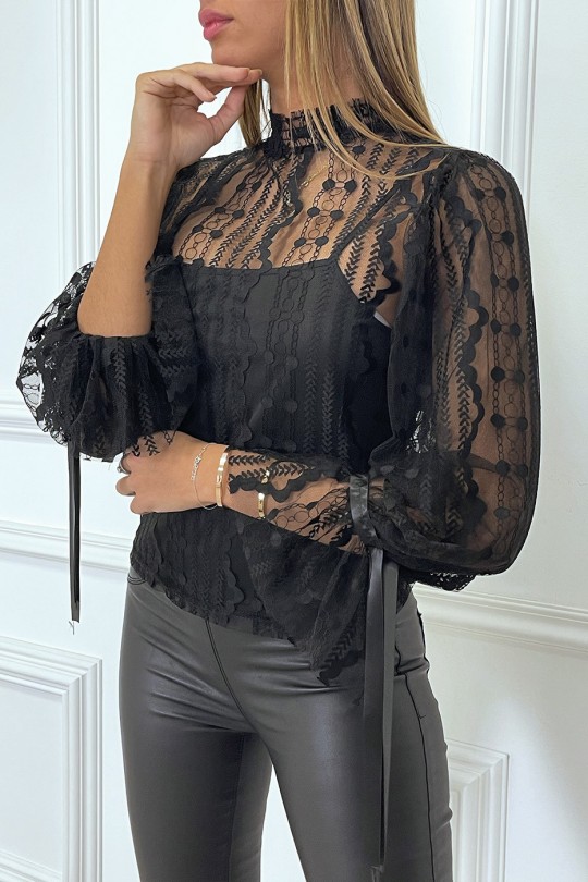 Black tulle and lace blouse with ruffles - 2