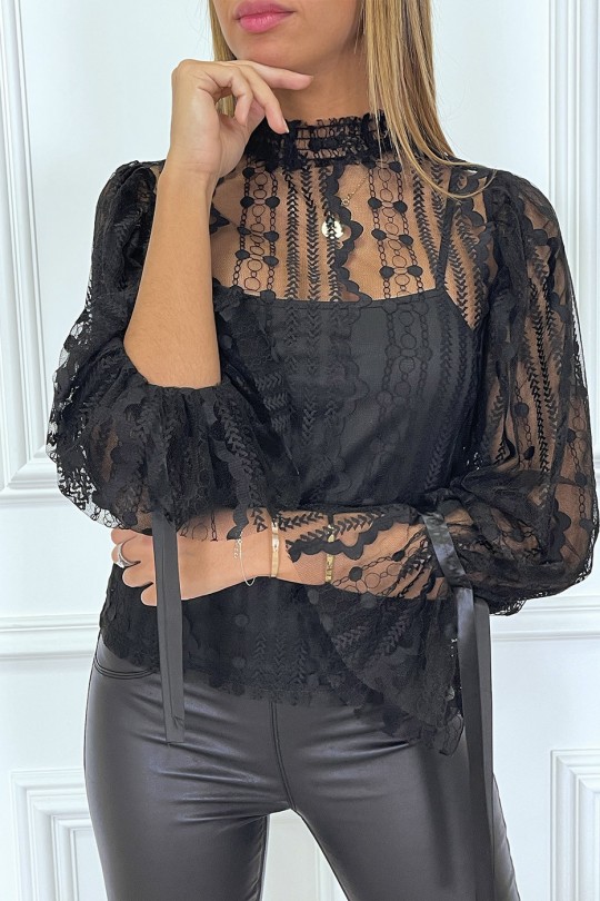 Black tulle and lace blouse with ruffles - 3