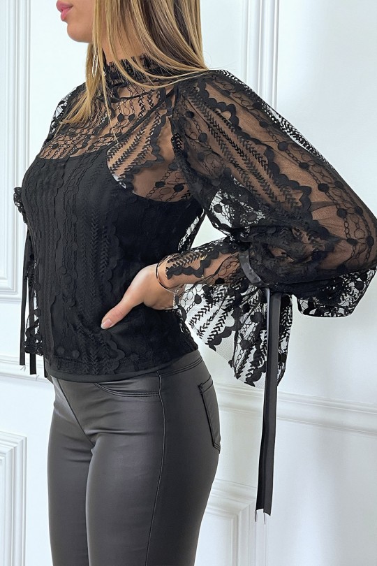 Black tulle and lace blouse with ruffles - 4