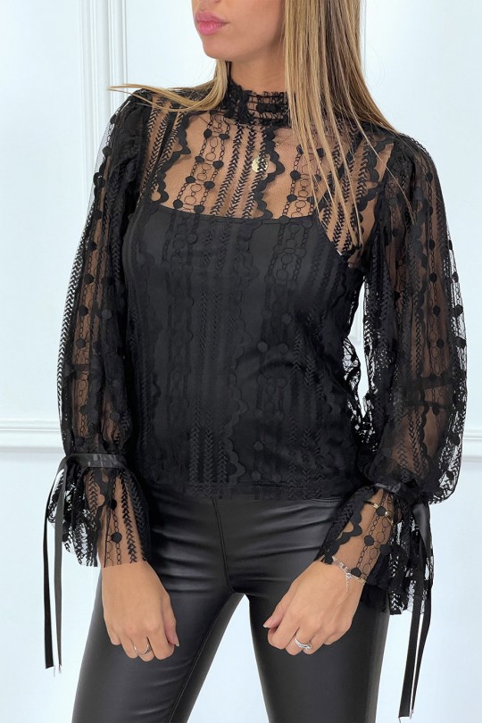 Black tulle and lace blouse with ruffles - 12