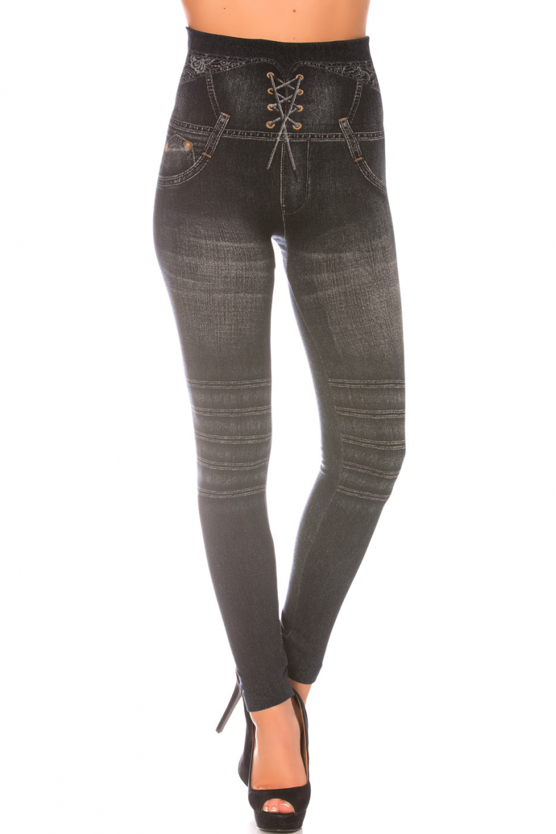 Leggings minceur noir style jeans taille haute et effet lien croisé. Effet Push-Up - 2