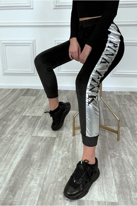 Black peach skin joggers with silver stripe - 1