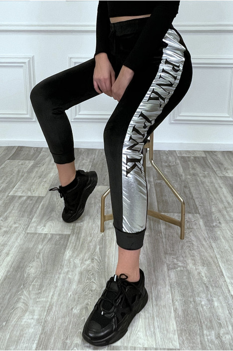 Black peach skin joggers with silver stripe - 2