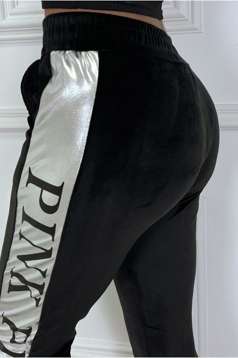 Black peach skin joggers with silver stripe - 8